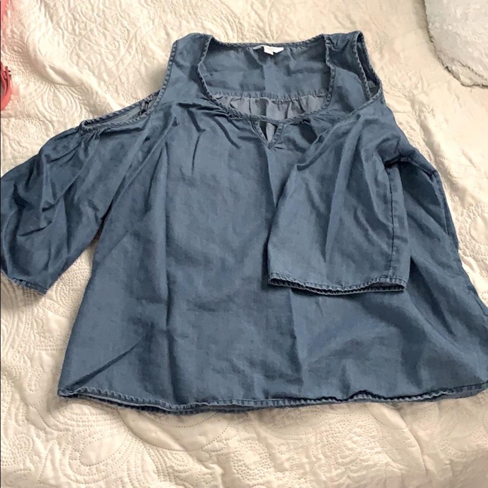 Cutout shoulder bell sleeve denim top
